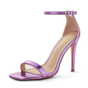 Imagem de Mhuire Sandálias Femininas Estilosas, 4 Polegadas, Quadradas, Bico Aberto, Tira No Tornozelo, Salto Agulha, Lisas, Modernas, Com Tiras, Roxas, 9,5