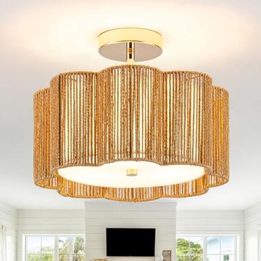 Imagem de Tbaoinla Luminária Boho E Lustre De Rattan - Teto Com Flor Ameixa Dourada Arte Da Rota Seda, Design Montagem Embutida Para Quarto/Sala Jantar, Decoração Boêmia