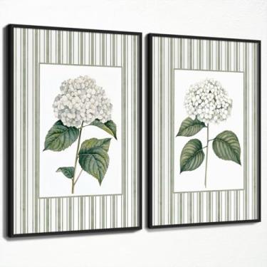 Imagem de Arte de parede em tela de hortênsia de flor, pôster floral grandmillenial verde sálvia, 2 peças de impressão botânica listrada verde e branca, imagem de planta chinoiserie moderna decoração de parede