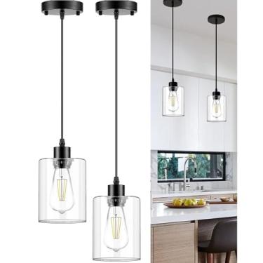 Imagem de Chousza Luminárias Pendentes Para Ilha De Cozinha Chousza, Luminária Moderna Cilindro Vidro Transparente Preto, Mini Pendente Decoração (Pacote Com 2)