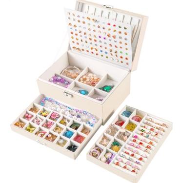 Imagem de QBestry Caixa De Joias Para Brincos Meninas, Organizador 5 Camadas Com Porta-Brincos Caixas Femininas E Colares Bege