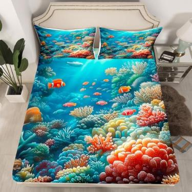 Imagem de Jogo de lençol Queen colorido coral, peixe subaquático mundo subaquático, decoração de quarto de crianças, meninos, meninas e adolescentes, 3 peças, lençol de microfibra com tema oceano, 2 fronhas