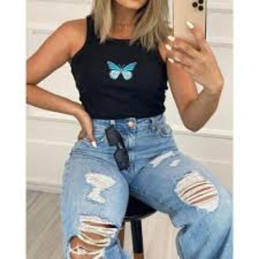 Imagem de Cropped feminino borboleta sem manga malha canelada tendencia - filo m