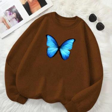 Imagem de Blusa de Frio Feminina GOLA CARECA Estamp Borboleta Azul Delicada Look