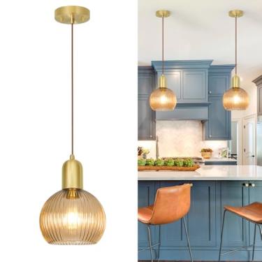 Imagem de Lxybcce Luminária Pendente Dourada, Moderna Com Abajur De Vidro Listrado Âmbar, Ilha Cozinha Latão Escovado, Luzes Ajustáveis Para Pendurar Em Banheiro E Sala Jantar