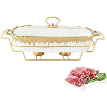 Imagem de Prato De Buffet Para Churrasco Com Álcool, Conjunto De Buffet De Cerâmica Com Tampa De Vidro Transparente, Aquecimento De Alimentos De Inverno Para Catering Festa Casamento, S