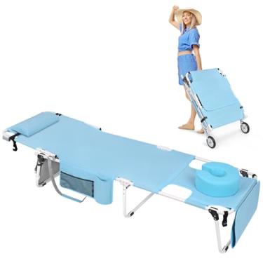 Imagem de Cadeira de bronzeamento superdimensionada Wheel-To-Go com rodas e orifício facial mais espesso lavável ajustável, espreguiçadeira plana dobrável resistente, para banhos de sol, praia, leitura, piscina