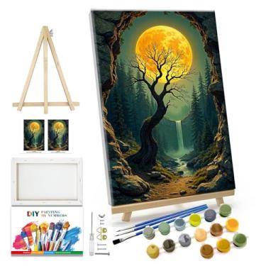 Imagem de JOOZ Kit de pintura por números para adultos com moldura lua pintura por número com cavalete árvore adulto pintura por números kits de pintura a óleo em tela emoldurada montanha cachoeira para