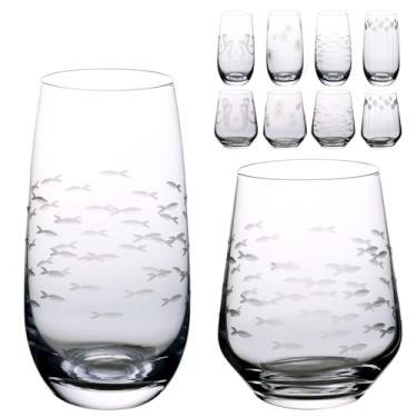 Imagem de WeirdUncle Conjunto de 8 copos de bebida, soprados à mão, 4 copos altos de 400 ml e 4 taças de vinho sem haste de 255 g, para água, coquetel, uísque, casamento (peixe frito, margarida, ferradura