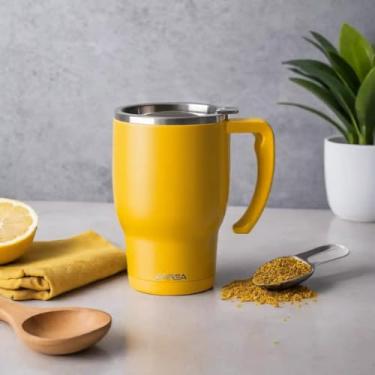 Imagem de Caneca Térmica Parede Dupla em Aço Inox Amarela 1000ml com Alça Ergonômica - Estilo Texturizado