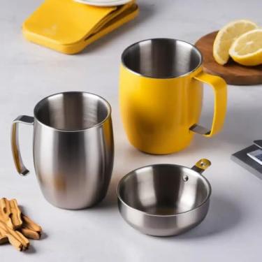Imagem de Caneca Térmica Parede Dupla em Aço Inox Amarela 650ml com Alça Ergonômica - Estilo Liso