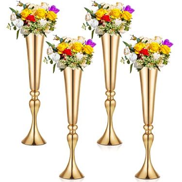Imagem de 4 vasos de trompete de 55 cm para centros de mesa de mesa de casamento de metal com altura para decoração de mesa de casamento, decoração de festa de casamento, decoração de festa de casamento