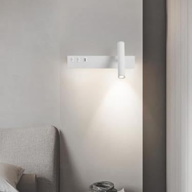 Imagem de GZZBMY LED aplique parede com 2 interruptores candeeiros de parede com porta de carregamento USB aplicações de leitura iluminação giratória ajustável quarto sala de estar cabeceira (luz branca, branco