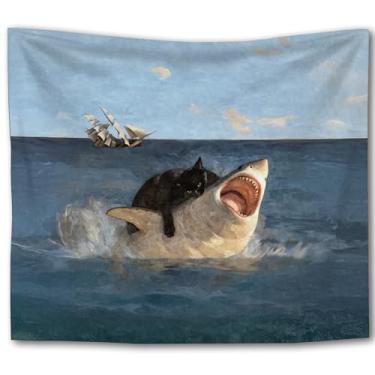 Imagem de Foritho Tapeçaria de gato preto gordo vs. tubarão, tapeçaria vintage renascentista engraçada meme para pendurar na parede, tapeçarias de parede de tubarão do oceano náutico para quarto, sala de estar