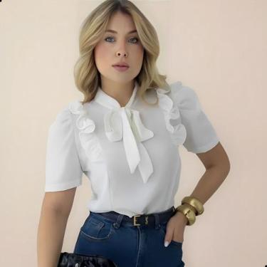 Imagem de Blusa Feminina Social Manga Curta Bufante com Laço e Babados - G-Store