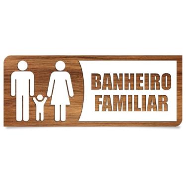 Imagem de Placa de Sinalização Banheiro Familiar, Efeito Madeira, 25 x 10 cm, Recorte a Laser Feminino Masculino Infantil