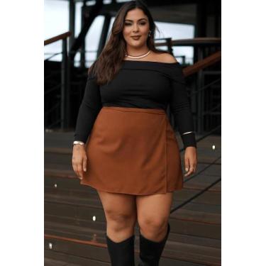 Imagem de Saia Preta Envelope Curta Lisa Plus Size Transpassada Cintura Alta Sem