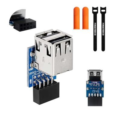 Imagem de YIMATEECO Adaptador USB2.0 de 9 pinos, conector de placa-mãe, 9 pinos/10 pinos fêmea para duas portas USB 2.0 A, adaptador de cabeçalho interno para desktop (Tipo-B)