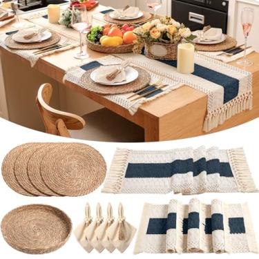 Imagem de Gandeer 4 conjuntos de jogos americanos boêmios redondos de tecido, guardanapos de pano, anéis de guardanapo de contas de madeira, caminho de mesa longo e algodão de serapilheira natural rústico para