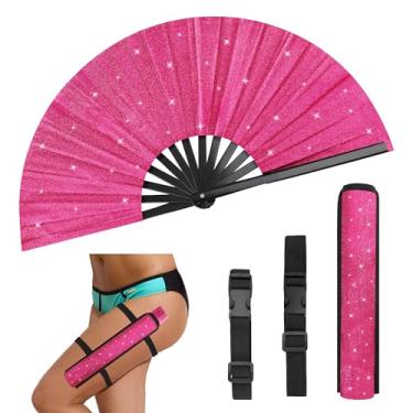 Imagem de Anglekai Ventilador de mão dobrável grande com glitter de 33 cm, leque de mão dançante de linha brilhante 1P/2P com 2 cintos/mangas para decoração de dança (1, rosa)