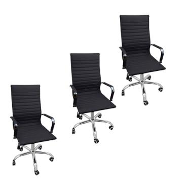 Imagem de Kit 3 Cadeiras Eames Esteirinha Presidente Alta Estofada Couro Preto