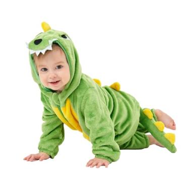 Imagem de LONULAIN Pijama unissex de fantasia de animal, macacão infantil de flanela com capuz para cosplay, roupa de casa/roupa de dormir, Dinossauro, 18-24 Months/Height:33"-35"
