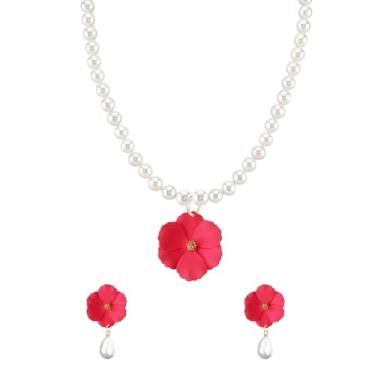 Imagem de QIAOLEHUI Colar gargantilha de flor de pérola para mulheres, conjunto de brincos florais, colar com pingente e contas de pérolas, joias para mulheres, Large, Metal, Sem Pedra Preciosa