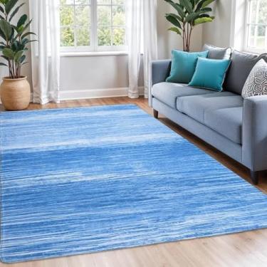Imagem de USTIDE Tapete infantil azul grande, moderno, lavável, tapete listrado 1,5 m x 18 m para quarto, sala de estar, tapete abstrato antiderrapante para sala de jogos, quarto de crianças