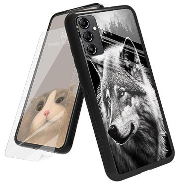 Imagem de BREIDMKFM Capa para Samsung Galaxy A14 5G com protetor de tela, parte traseira de vidro temperado + TPU macio de silicone macio com absorção de choque, capa feminina para Galaxy A14 5G, lobo solitário