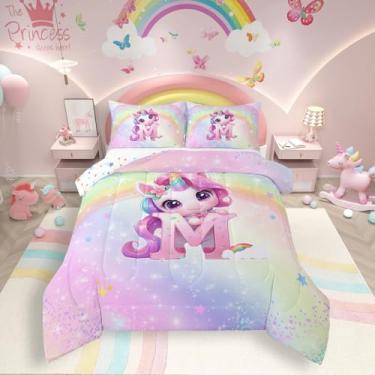 Imagem de Jogo de cama casal de unicórnio para meninas, arco-íris, rosa, unicórnio, galáxia, estrelas, gradiente, para decoração de quarto de princesa, kawaii, fofo, alfabeto, letra M, edredom