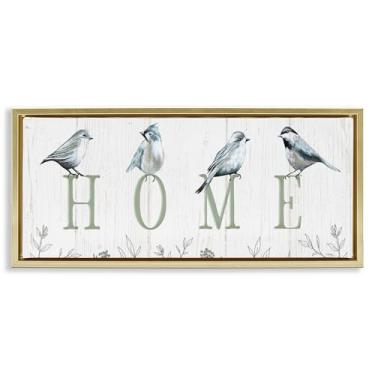 Imagem de Stupell Industries Pássaros empoleirados Home Letters Gold Framed Floater Canvas Wall Art Design por Elizabeth Tyndall, 14 x 31