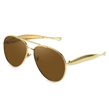 Imagem de SODQW Óculos de sol aviador dourado para mulheres e homens, óculos de sol de metal com armação de metal UV400 para mulheres, A08- Ouro/Marrom Escuro, Medium