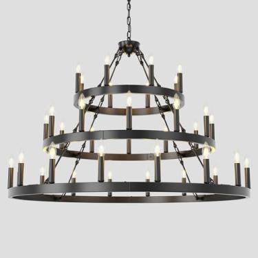 Imagem de Lustre de roda de vagão preto extra grande de 122 cm, luminária pendente de casa de fazenda de 3 níveis, luminária de roda de cavalo para sala de estar, sala de jantar, hall, varanda, escadas, entrada