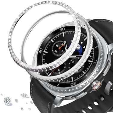 Imagem de DEALELE [Pacote com 2] Capa de bisel compatível com Samsung Galaxy Watch 8 Classic (46 mm), strass brilhante liga de diamante moldura de metal anel adesivo antiarranhões acessório protetor (prata)