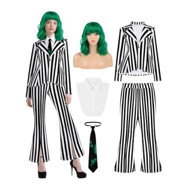 Imagem de RUODON 5 peças blazer feminino listrado preto e branco com peruca encaracolada verde e gravata, fantasia cosplay de Halloween, Preto, Large