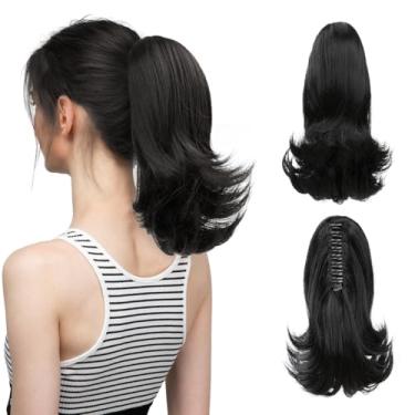 Imagem de CJL HAIR Extensão de cabelo curto preto com cordão para rabo de cavalo cacheado ondulado afro peças de cabelo de fibra resistente ao calor para mulheres, meninas, crianças, 30 cm