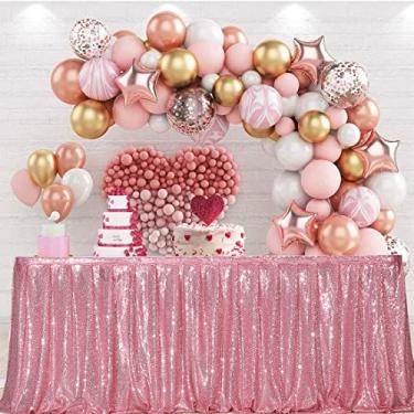 Imagem de PartyDelight Saia de mesa de lantejoulas rosa fúcsia de 2,7 m para mesa redonda/retangular/quadrada para festa de aniversário, casamento, Natal.
