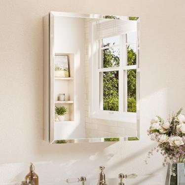 Imagem de TETOTE Espelho de banheiro de 50 x 66 cm com armazenamento com espelho chanfrado temperado armário de remédios prata armário de remédios dobradiças DTC, prateleiras ajustáveis contínuas, embutidas