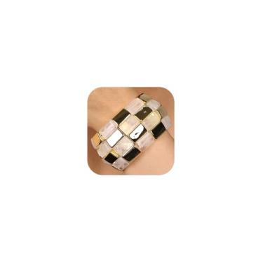 Imagem de wekicici Pulseira de resina acrílica grossa com pingente geométrico preto bloco de resina pulseira elástica de acetato colorido pulseira larga joias modernas para mulheres, adjustable, Resina, Sem