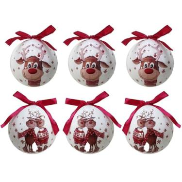 Imagem de Master Christmas - Conjunto 6 Bolas de Natal Decorada Branco Laqueado Premium Renas Love Com Laço Vermelho 7,5cm