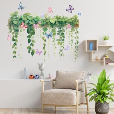 Imagem de ZARROUEA Decalques de parede de videira verde pendurados, plantas suculentas, glicínias, flores florais, borboletas, pássaros, adesivos de parede, vinil autoadesivo, removível, sala de estar, sofá, TV