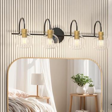 Imagem de 4 luminárias para banheiro, luminárias pretas e douradas, arandelas de parede com sombra de vidro, luzes escovadas modernas para quarto, corredor, banheiro luminárias sobre espelho