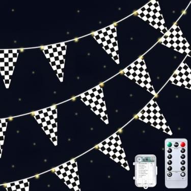 Imagem de Bandeira quadriculada iluminada, flâmula de corrida preta e branca de 10 metros com 8 modos de piscar para festas de carros de corrida e decorações da Nascar