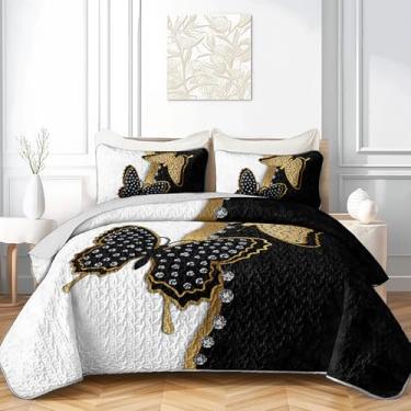 Imagem de AILONEN Conjunto de colcha de borboleta preta branca para meninas, arte de borboleta dourada, conjunto de cama king size, 3 peças, colcha acolchoada floral boho para crianças e mulheres com 2 fronhas