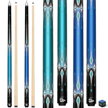 Imagem de CUEBAR Conjunto de 2 bastões de bilhar para adultos, 2 tacos de sinuca para mesa de bilhar, ponta de 13 mm, design de padrão geométrico, aderência à mão nua com giz (azul-petróleo + azul)