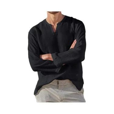 Imagem de Camisa Casual Masculina De Algodão E Linho Com Decote Em V, Manga Long