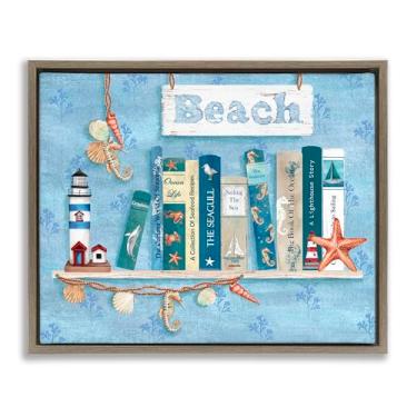 Imagem de Stupell Industries Beachy Book Shelf Panel Brown Framed Floater Canvas Wall Art, design by Emma Leach, 17 x 21