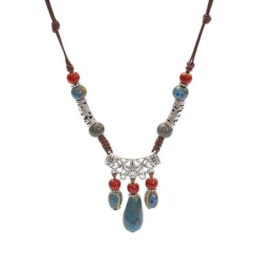 Imagem de DIAMANTIO Colar longo étnico boêmio para mulheres – Contas de cerâmica feitas à mão com detalhes em prata antiga, corrente de corda ajustável, joia vintage com pingente tribal