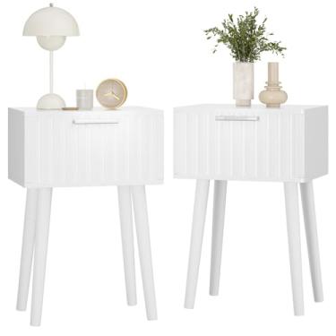 Imagem de YMYNY Mesa de cabeceira canelada, mesa de canto pequena, mesa de centro moderna com gaveta, pernas de madeira maciça, 35 x 27 x 53 cm, para quarto e espaços pequenos, branco UHST014W-2