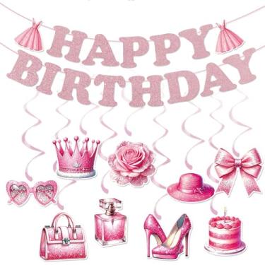 Imagem de Zwiebeco Faixa rosa dourada para meninas, feliz aniversário, bandeja, papel pendurado, espirais, guirlandas, decorações de festa para meninas, mulheres, estilo princesa, tema de aniversário